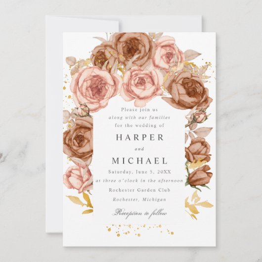 Invitation mariage doré brun rose rousse rose (Devant)