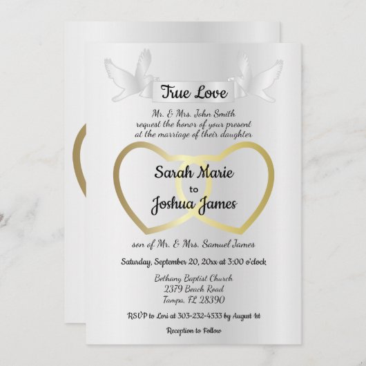 Invitation Mariage double coeur Gold (Devant / Derrière)