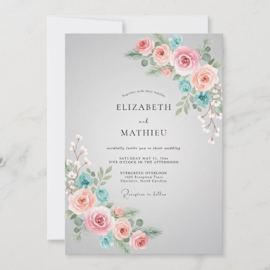 Invitation Mariage Douce Corail Aqua Paeon (Devant)