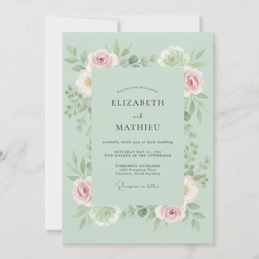 Invitation Mariage Douce Étreinte Florale Menthe (Devant)