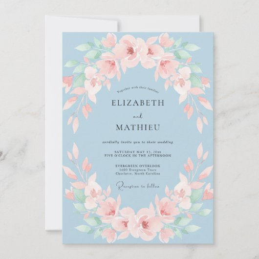 Invitation Mariage Douce Fleur Bleue Poussiéreuse (Devant)