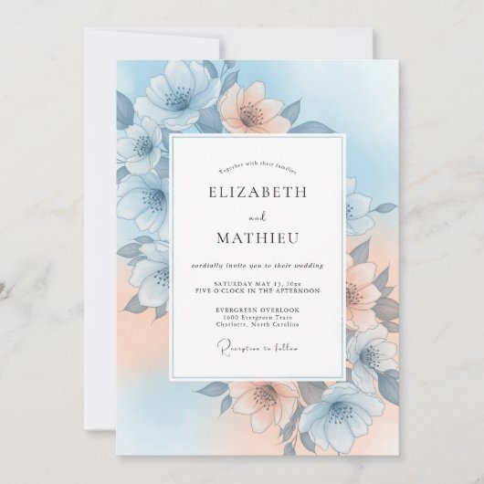 Invitation Mariage Douce Floraison Bleu Ciel (Devant)