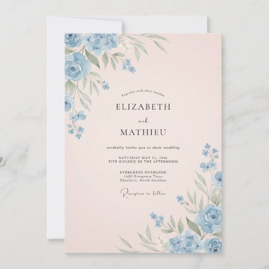 Invitation Mariage Douce Floraison Bleue Poudre (Devant)