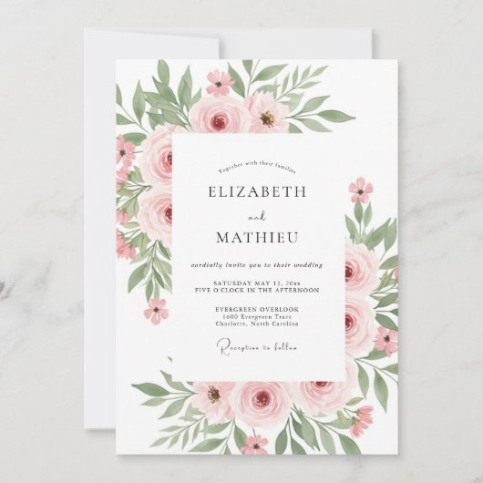Invitation Mariage Douce Floraison Rose (Devant)