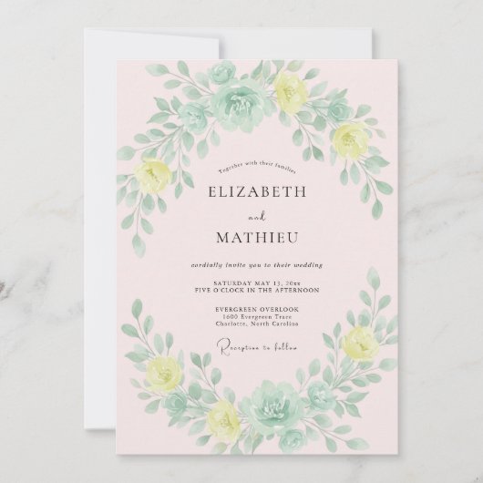 Invitation Mariage Douce Floraison Vert Menthe (Devant)