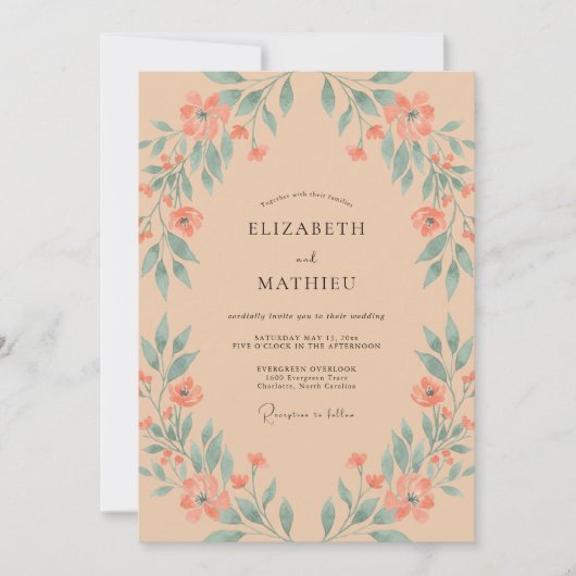 Invitation Mariage Douce Pêche Feuille de Tilleul (Devant)