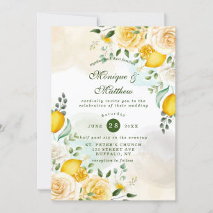 Invitation Mariage doux aux roses et citrons jaunes