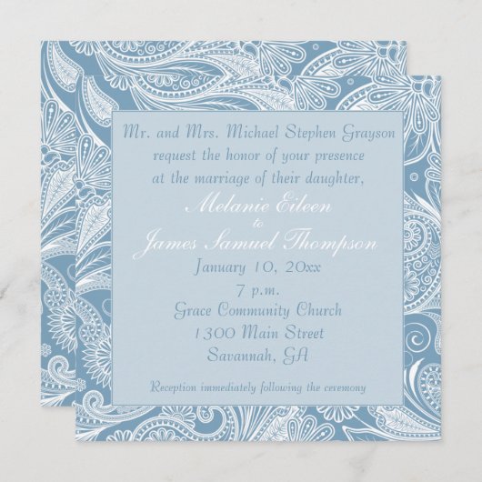 Invitation Mariage doux bleu blanc pâté (Devant / Derrière)