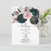 Invitation Mariage doux rose et noir floral feuillage blanc (Debout devant)