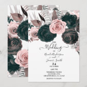 Invitation Mariage doux rose et noir floral feuillage blanc (Devant / Derrière)