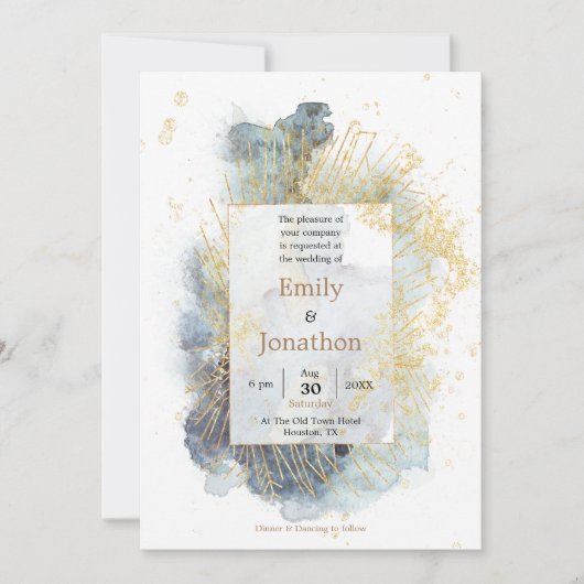 Invitation Mariage Dramatique Blue Ombre Watercolor Gold Line (Devant)