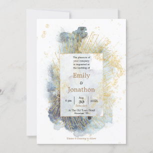 Invitation Mariage Dramatique Blue Ombre Watercolor Gold Line