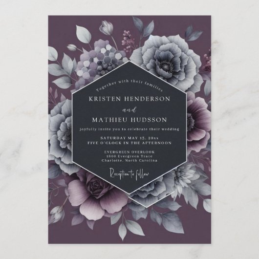 Invitation Mariage Dramatique Floraison d'Ardoise Violette (Devant)