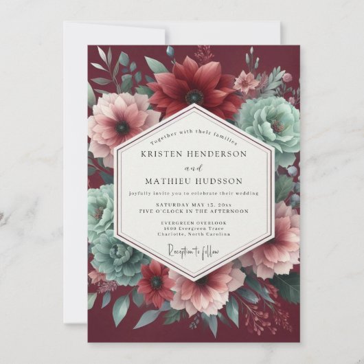 Invitation Mariage Dramatique Grenat et Sarcelle (Devant)