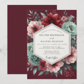 Invitation Mariage Dramatique Grenat et Sarcelle (Devant / Derrière)