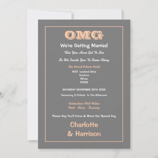 Invitation Mariage drôle et décontracté gris pêche (Devant)