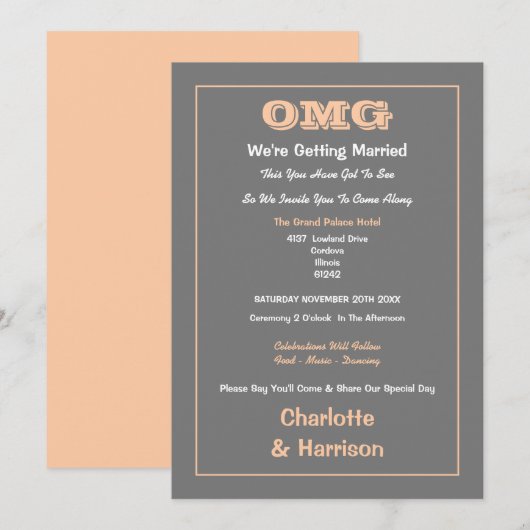 Invitation Mariage drôle gris pêche décontracté (Devant / Derrière)
