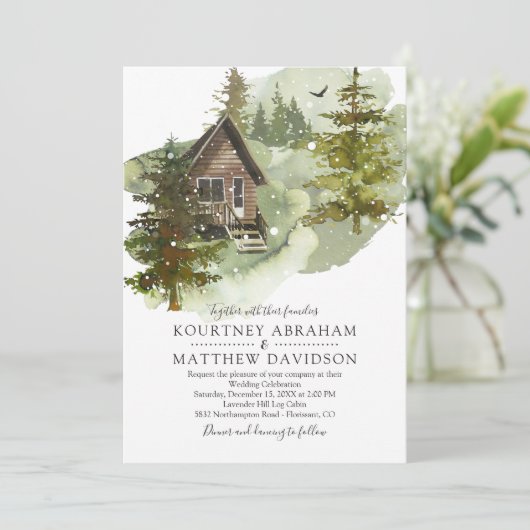Invitation Mariage du Cabine de bois rustique d'hiver (Debout devant)