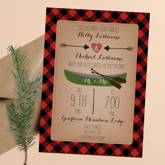 Invitation Mariage du canot Plaid Lumberjack + Flèches