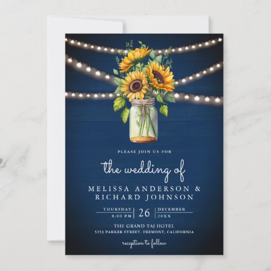 Invitation Mariage du code de la marine Blue Sunflowers Mason (Devant)