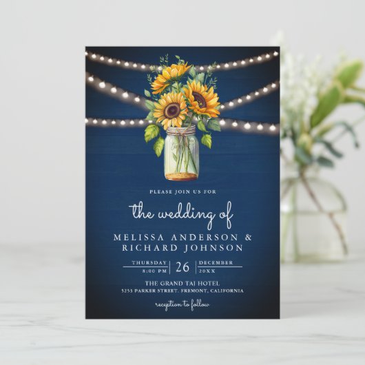 Invitation Mariage du code de la marine Blue Sunflowers Mason (Debout devant)