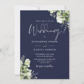 Invitation Mariage du code QR de la marine Blue Greenery Flor (Devant)
