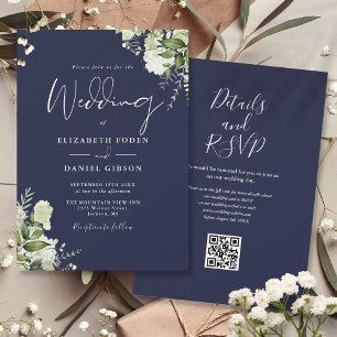 Invitation Mariage du code QR de la marine Blue Greenery Flor