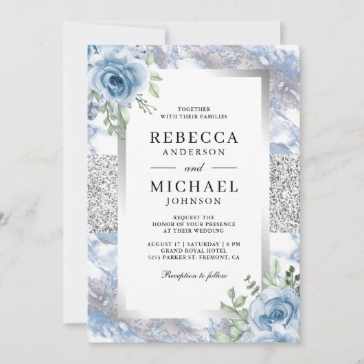 Invitation Mariage du code QR du marbre bleu argenté (Devant)