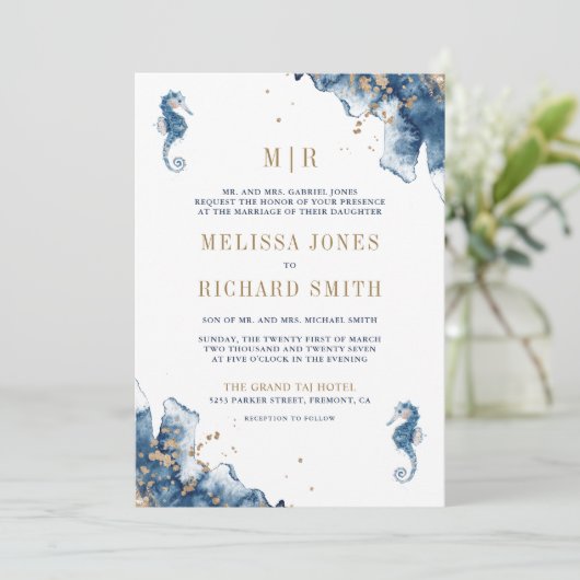 Invitation Mariage du code QR du monogramme de marine nautiqu (Debout devant)