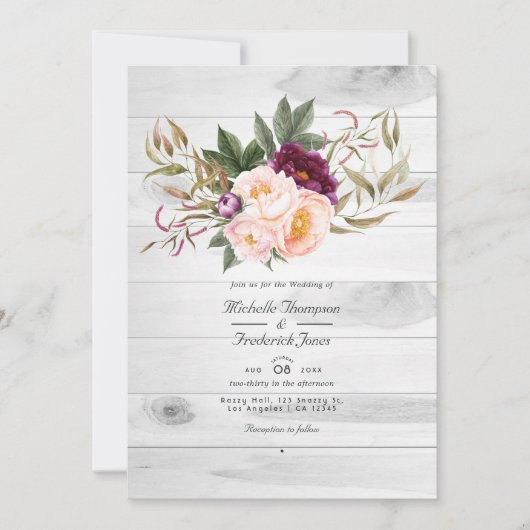 Invitation Mariage du code QR floral rustique de Bourgogne et (Devant)