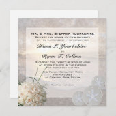 Invitation Mariage du dollar de roses blancs et de sable de (Devant / Derrière)