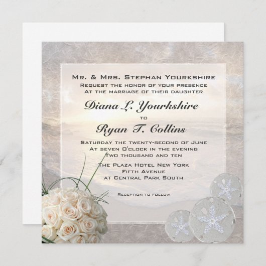 Invitation Mariage du dollar de roses blancs et de sable de (Devant / Derrière)