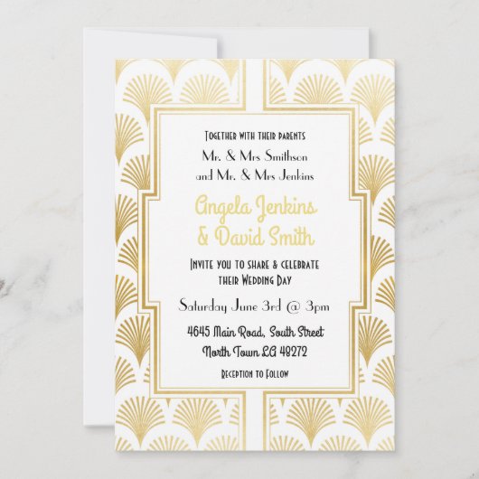 Invitation Mariage du Fan Gatsby Art Déco Blanc & Or des anné (Devant)