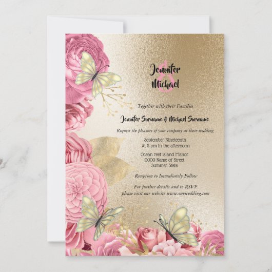 Invitation Mariage du feuillage de papillon rose (Devant)
