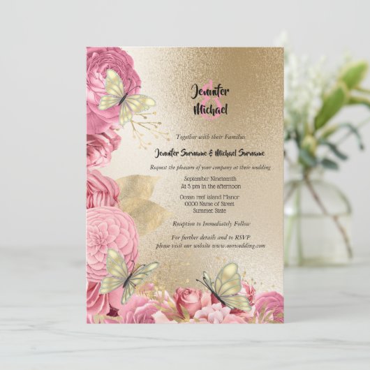 Invitation Mariage du feuillage de papillon rose (Debout devant)