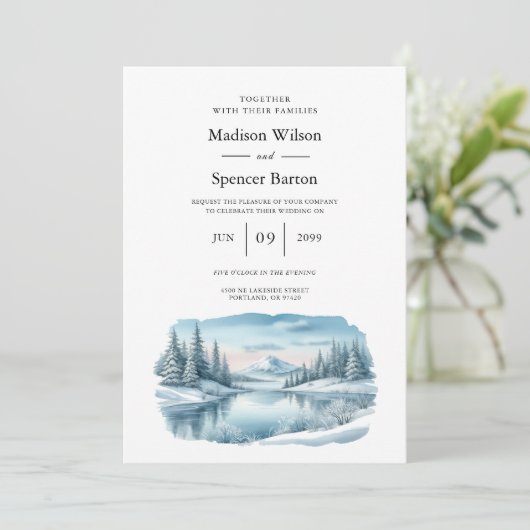 Invitation Mariage du lac Snowy Mountain Winter Lake (Debout devant)