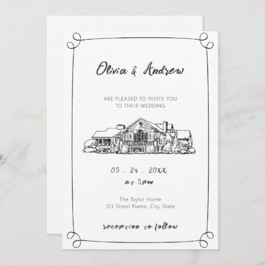Invitation Mariage du lieu de croquis noir et blanc (Devant / Derrière)