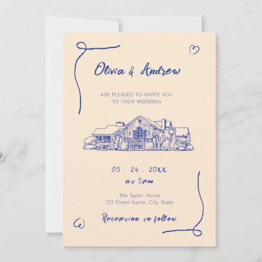 Invitation Mariage du lieu de l'esquisse de la main bleue (Devant)