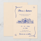 Invitation Mariage du lieu de l'esquisse de la main bleue (Devant / Derrière)