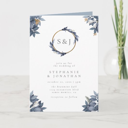 Invitation Mariage du monogramme Dusty Blue Feuilles & Gold P (Devant)