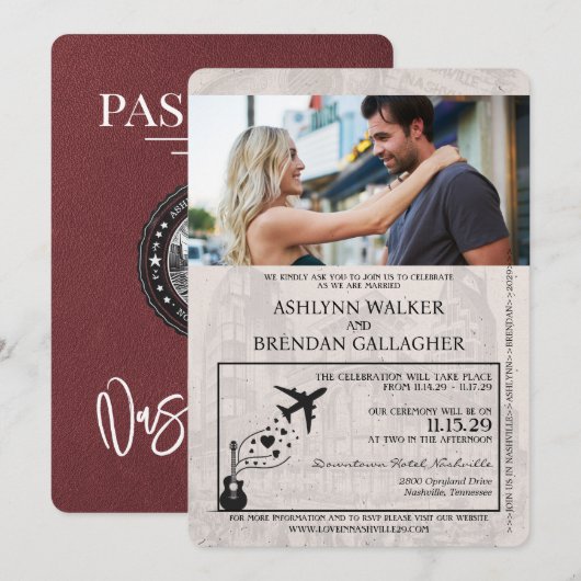 Invitation Mariage du passeport de Burgundy Nashville (Devant / Derrière)
