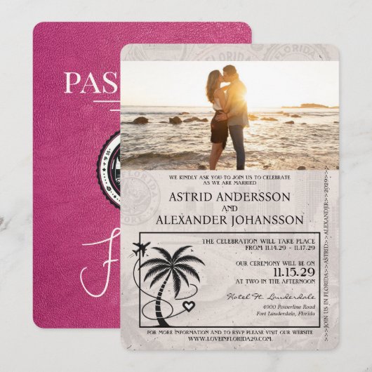 Invitation Mariage du passeport de la Floride Magenta Pink (Devant / Derrière)