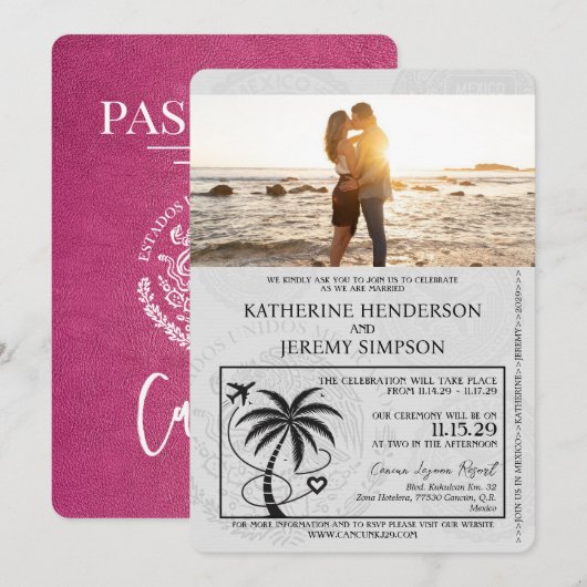 Invitation Mariage du passeport de Magenta Pink Cancun (Devant / Derrière)