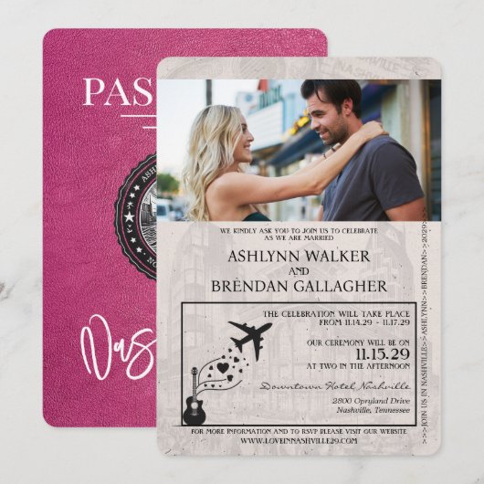 Invitation Mariage du passeport de Magenta Pink Nashville (Devant / Derrière)
