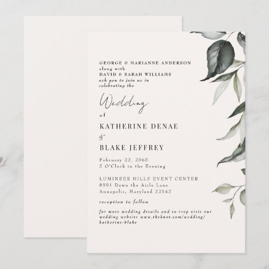 Invitation Mariage du site web du feuillage botanique de Cham (Devant / Derrière)