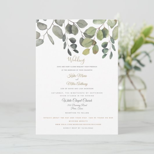 Invitation Mariage du site Web Eucalyptus Foliing moderne Bla (Debout devant)