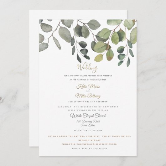 Invitation Mariage du site Web Eucalyptus Foliing moderne Bla (Devant / Derrière)