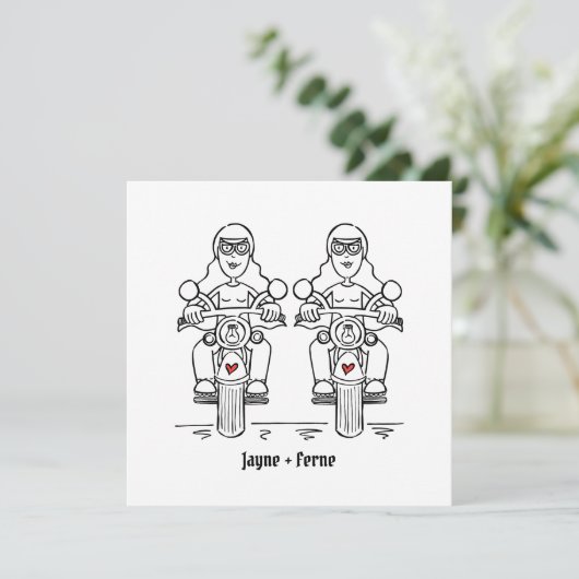 Invitation Mariage du soir de moto de deux mariées sur mesure (Debout devant)