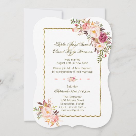 Invitation Mariage du soir Glam Gold Blush Rose Floral (Devant)