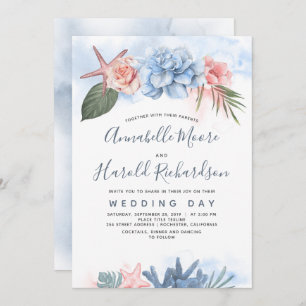Invitation Mariage Dusty Blue and Blush Tropical Beach